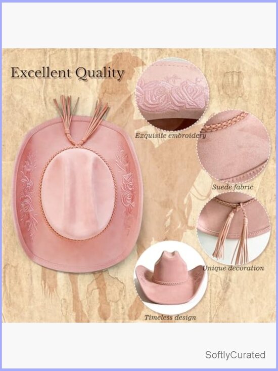 Suede Cowboy Hat with Floral Embroidery, Adjustable Adult Cowgirl Hat for main image 4